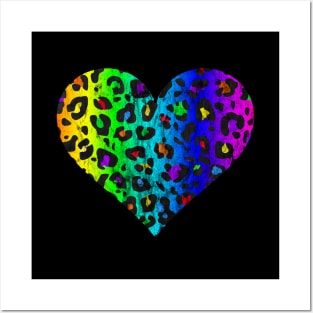 Distressed Dark Rainbow Leopard Print Heart Posters and Art